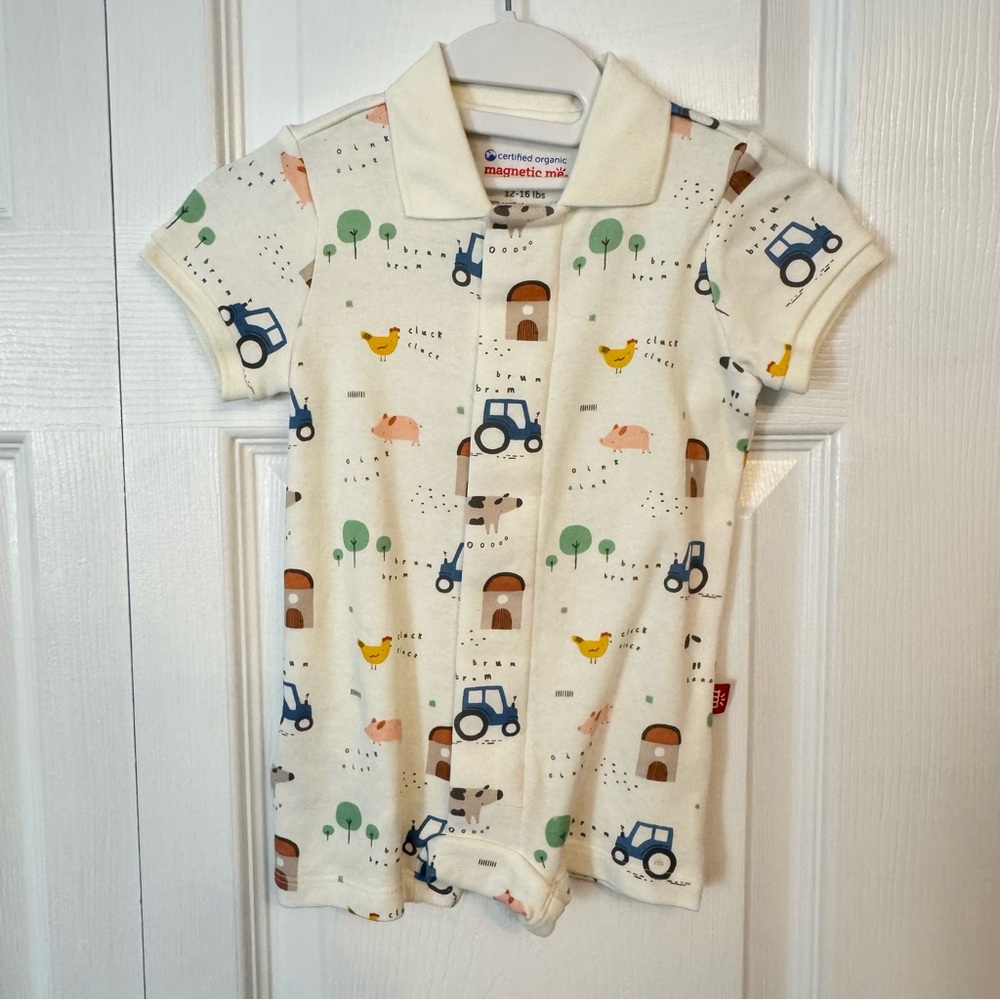 EUC Magnetic Me Organic Cotton Polo Romper, 3-6 months, Farm Animals